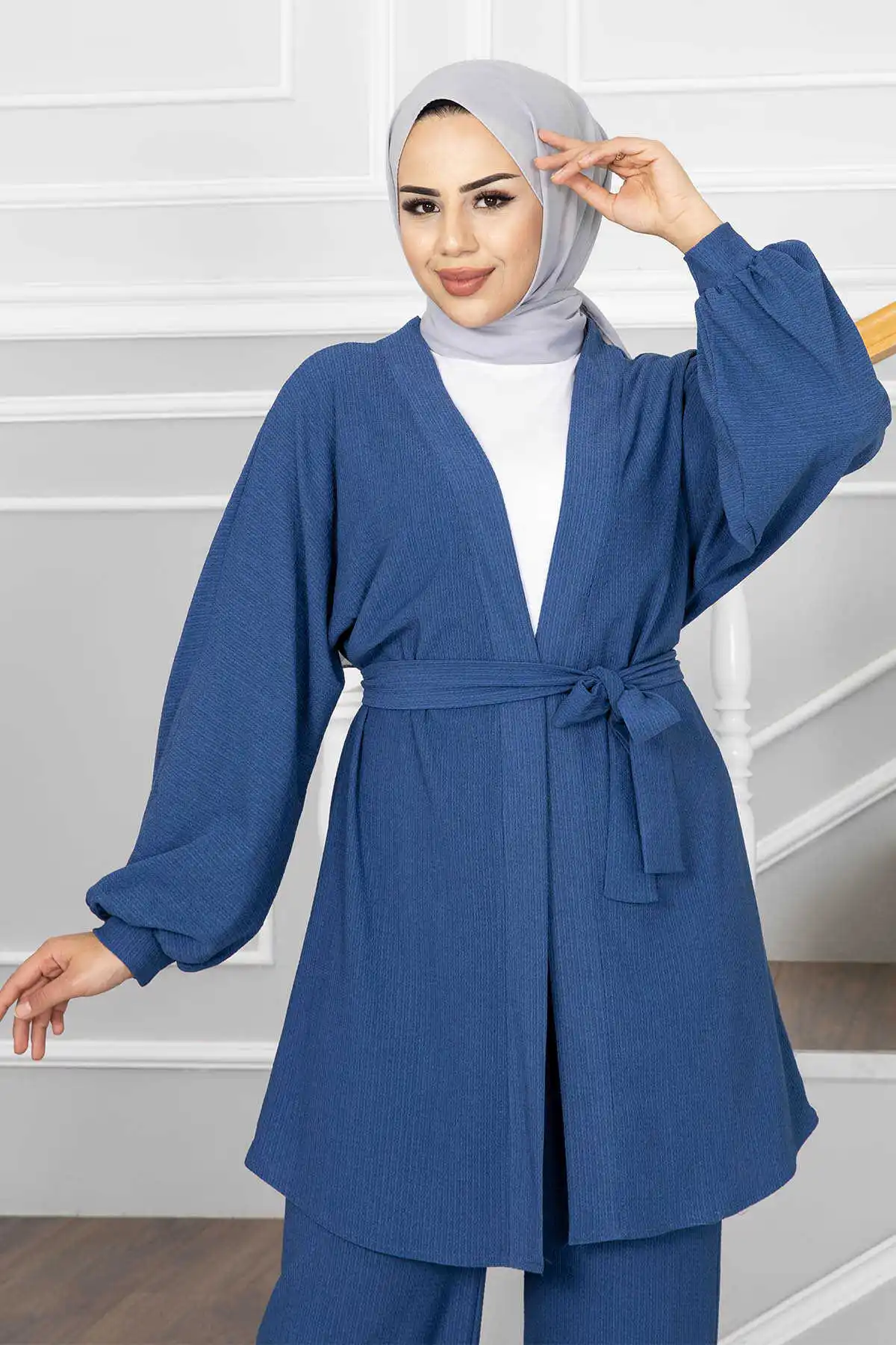 Women Muslım Set Hijab Kimono With Mobile Belt Two Piece Outifits Fashion Lapel Neck Long Sleeve Shirt Trousers Muslim Wide Leg