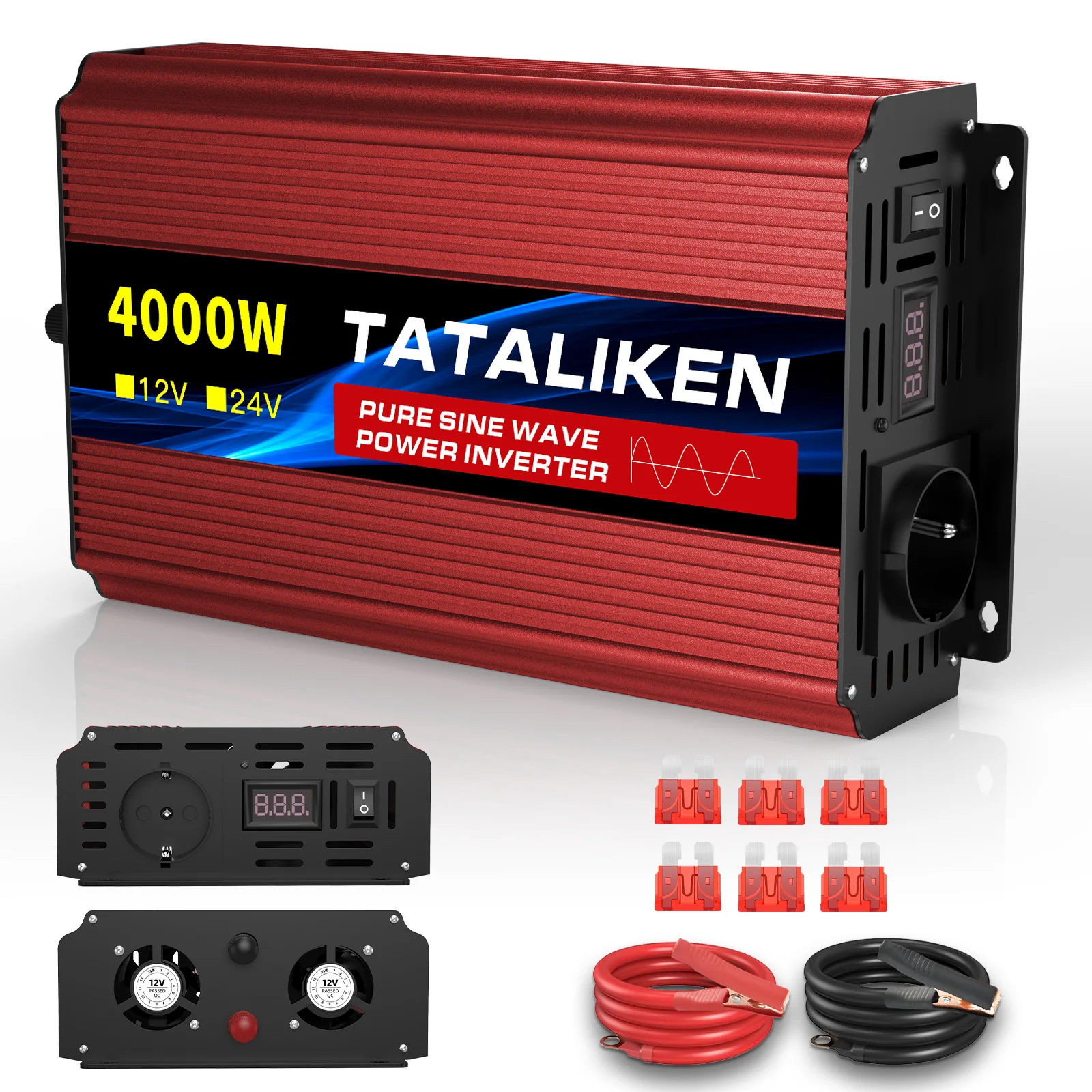 Inverter a Onda Sinusoidale Pura 1000W/1600W/2200W/2500W/3000W/3500W/4000W, da DC 24V a AC 220V 50Hz, Adattatore Caricabatterie Universale e con Presa Europea