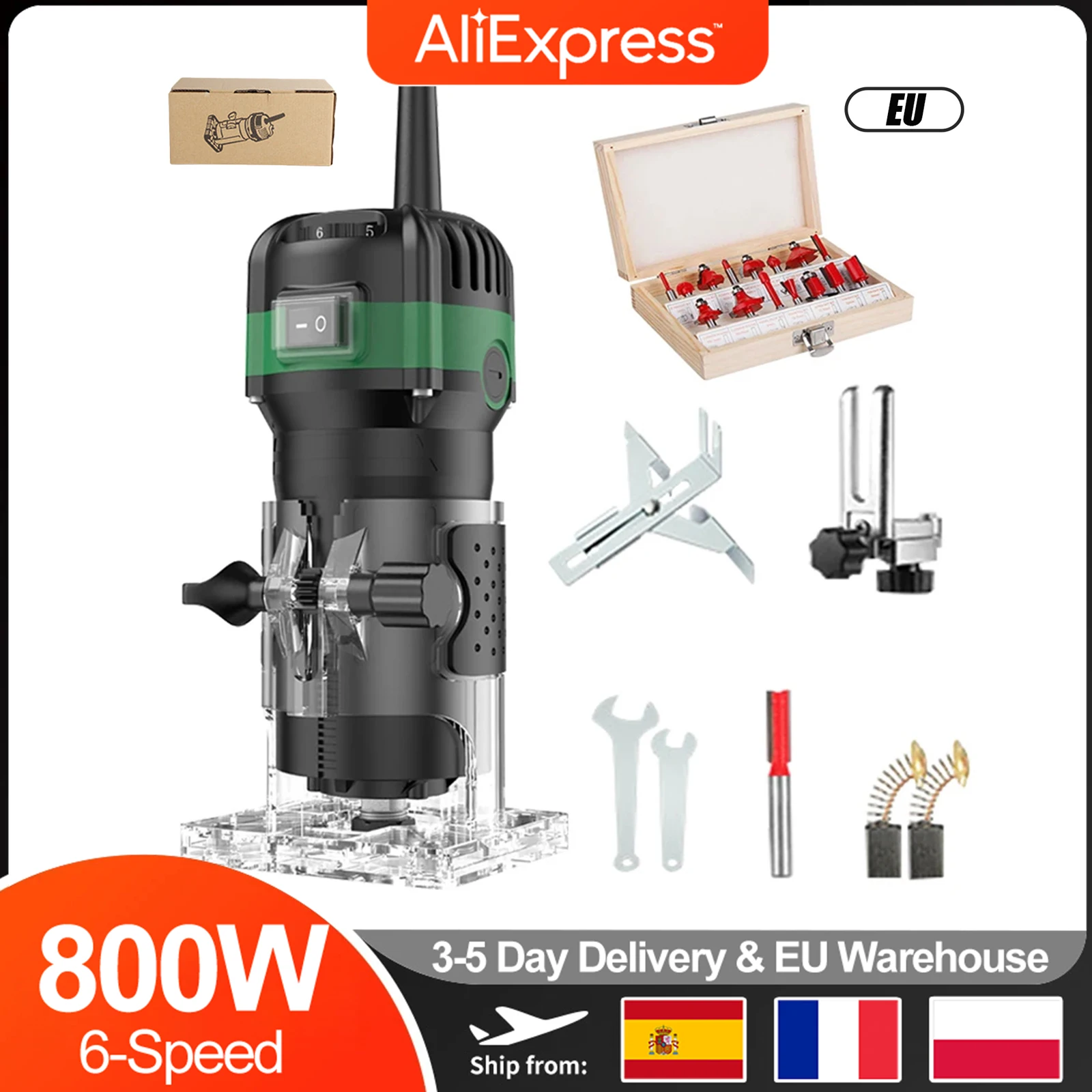 800w 6-Gang-Elektro-Holzfräser Holzarbeiten Elektro-Trimmer Ench ing Slotting Triming Carving Machine Kit