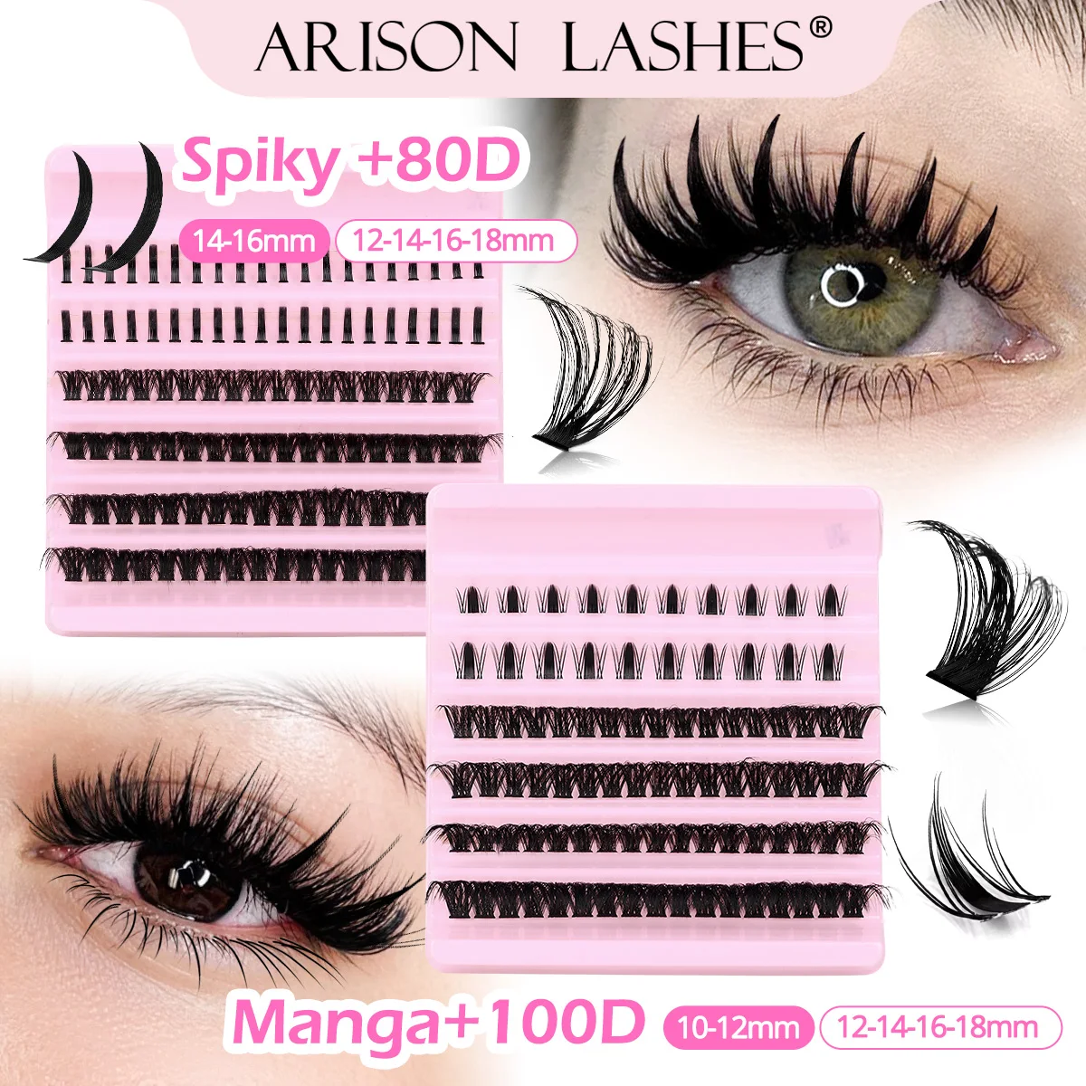 ARISON Spiky & Manga Bottom Lashes Set 80D/100D DIY Clusters Lash 12-18mm Thick Volume False Eyelashes Extension for Home Use