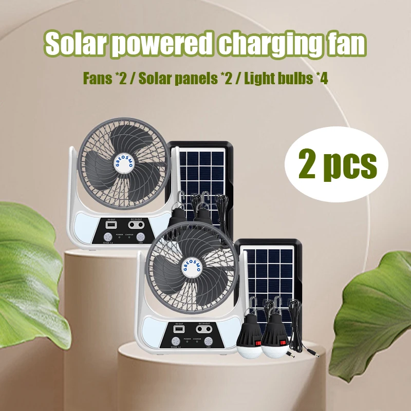 2 Stück solarbetriebene tragbare Außenventilatoren, Solarmodule und Glühbirnen, LED-Leuchten, versteckte Haken, Ladeanschluss für Mobiltelefone