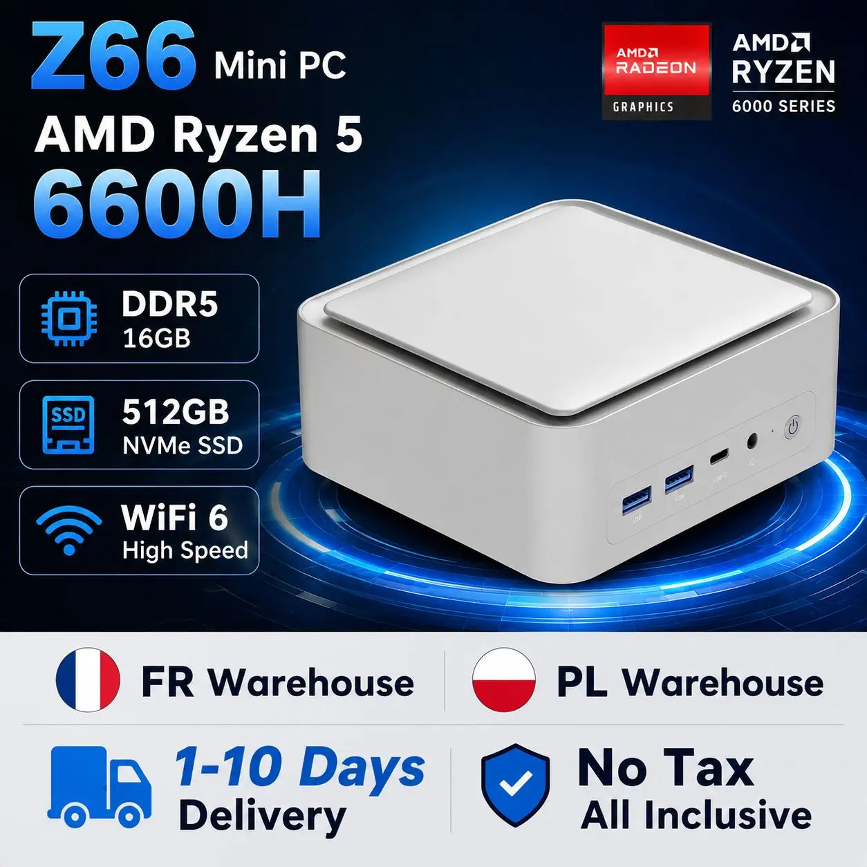 Mini PC SZBOX Z66 con AMD Ryzen 5 6600H, 16GB de RAM DDR5, 512GB de almacenamiento NVMe SSD dual M.2, USB4, WiFi 6, BT5.2, LAN 2.5G, compatible con Win11 Pro