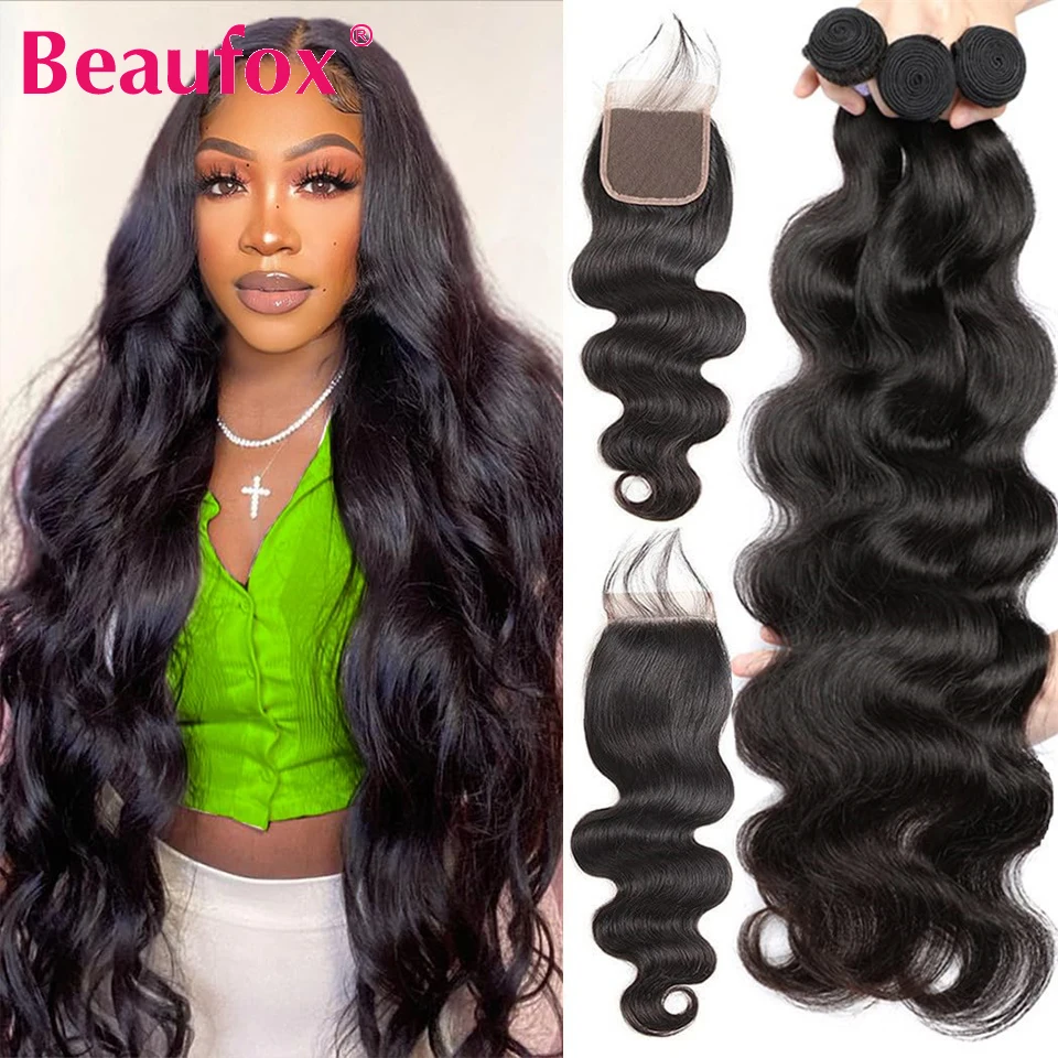 Beaufox Body Wave Bundles With Closure Brazilian Wavy Human Hair 3 Bundles With Closure Frontal Body Wave Hair Bundles Human Hai