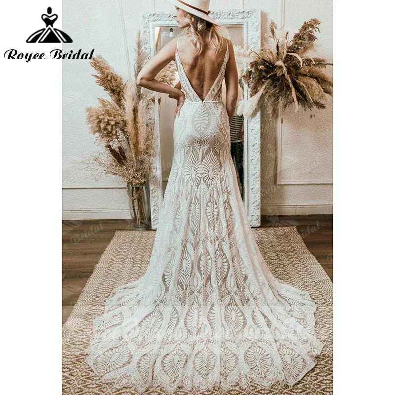 Roycebridal Vestido Bohemian Wedding Dress V Neck Lace Boho Spaghetti Straps Backless Beach Bridal Gowns Vestido De NoviaCustomi