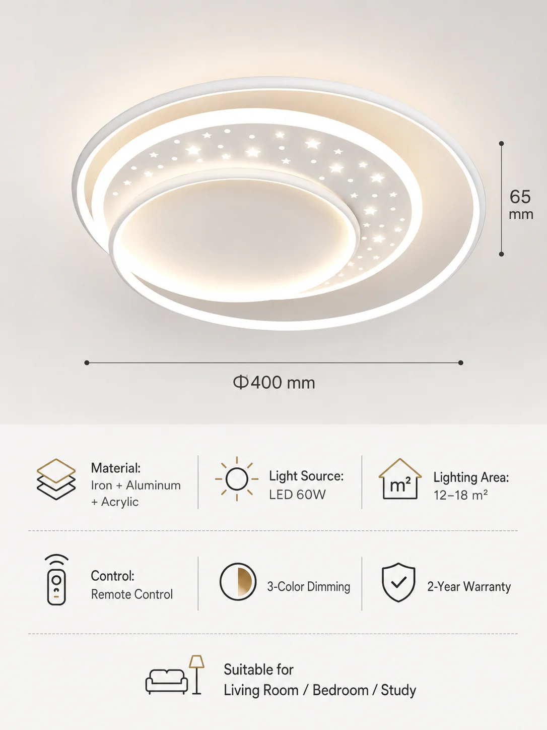 Modern Starry Round LED Ceiling Light, Multi-layer Ring Flush Mount Lamp, Dimmable Ceiling Lighting for Bedroom Living Room Home