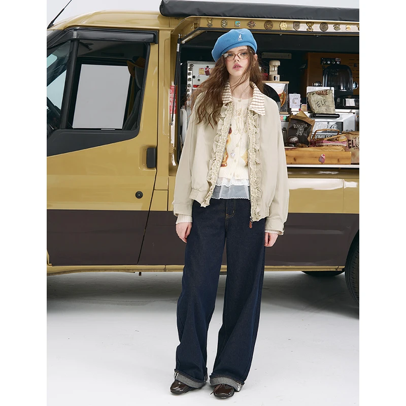 ELFSACK 2025秋新作 エレガントなチェック柄ラペルレース付きブラウス フリルジャケットコート レディース