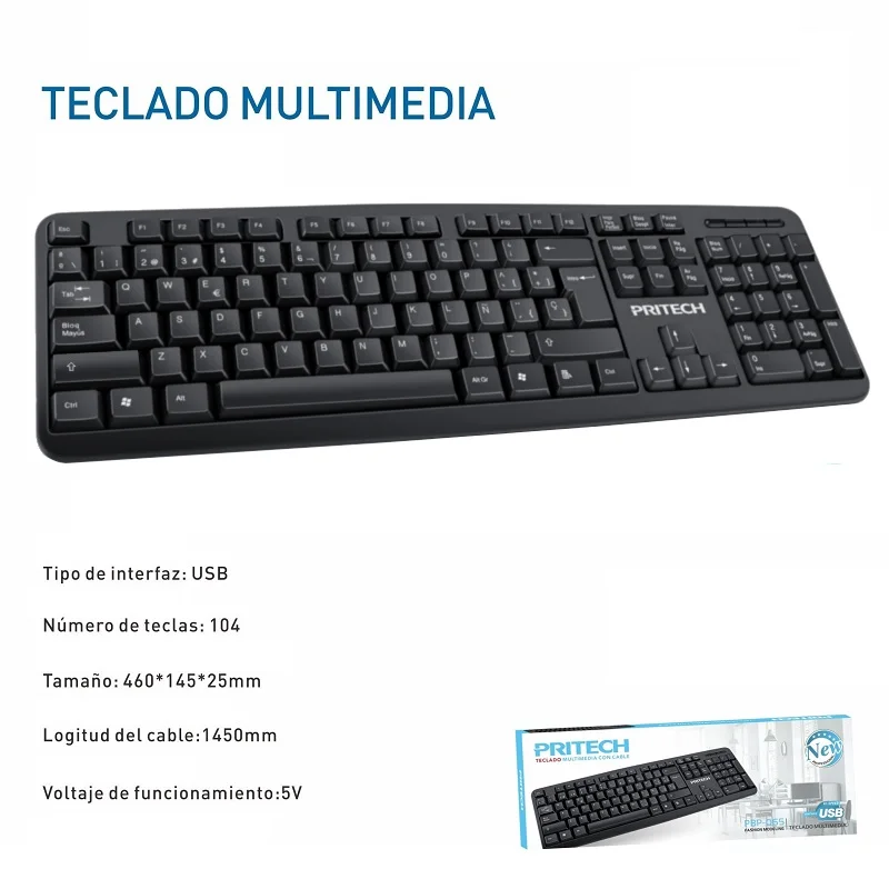 QWERTY Spanish Cable keyboard 1.5m USB 104 key USB Cable keyboard with Ñ key spoil resistant keyboard Windows Mac PC laptop Black