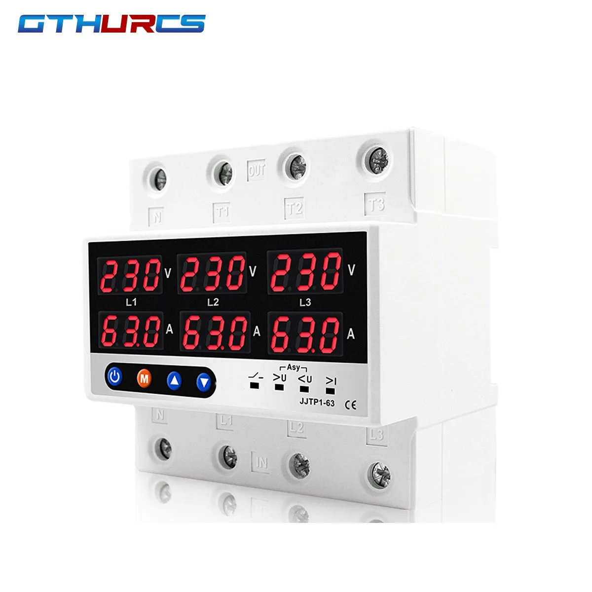 63A 100A 3 Phase Din rail Voltmeter Ammeter adjustable Over and Under Voltage current limit protection Monitor Relays Protector