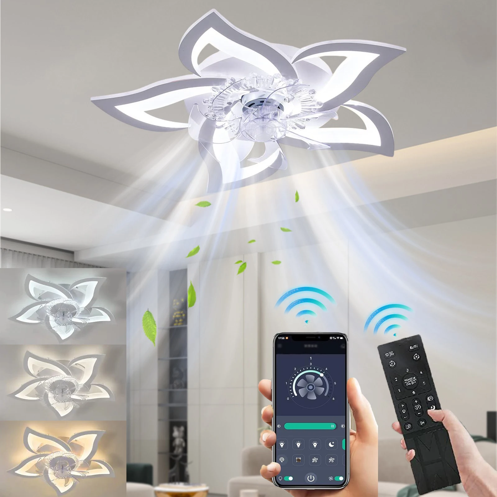 Ventilateur de plafond intelligent 50W avec lumière LED à 3 couleurs à intensité variable, avec télécommande, ventilateur électrique avec lampe LED pour la décoration de la chambre à coucher et du salon, lampe de plafond, commande par application