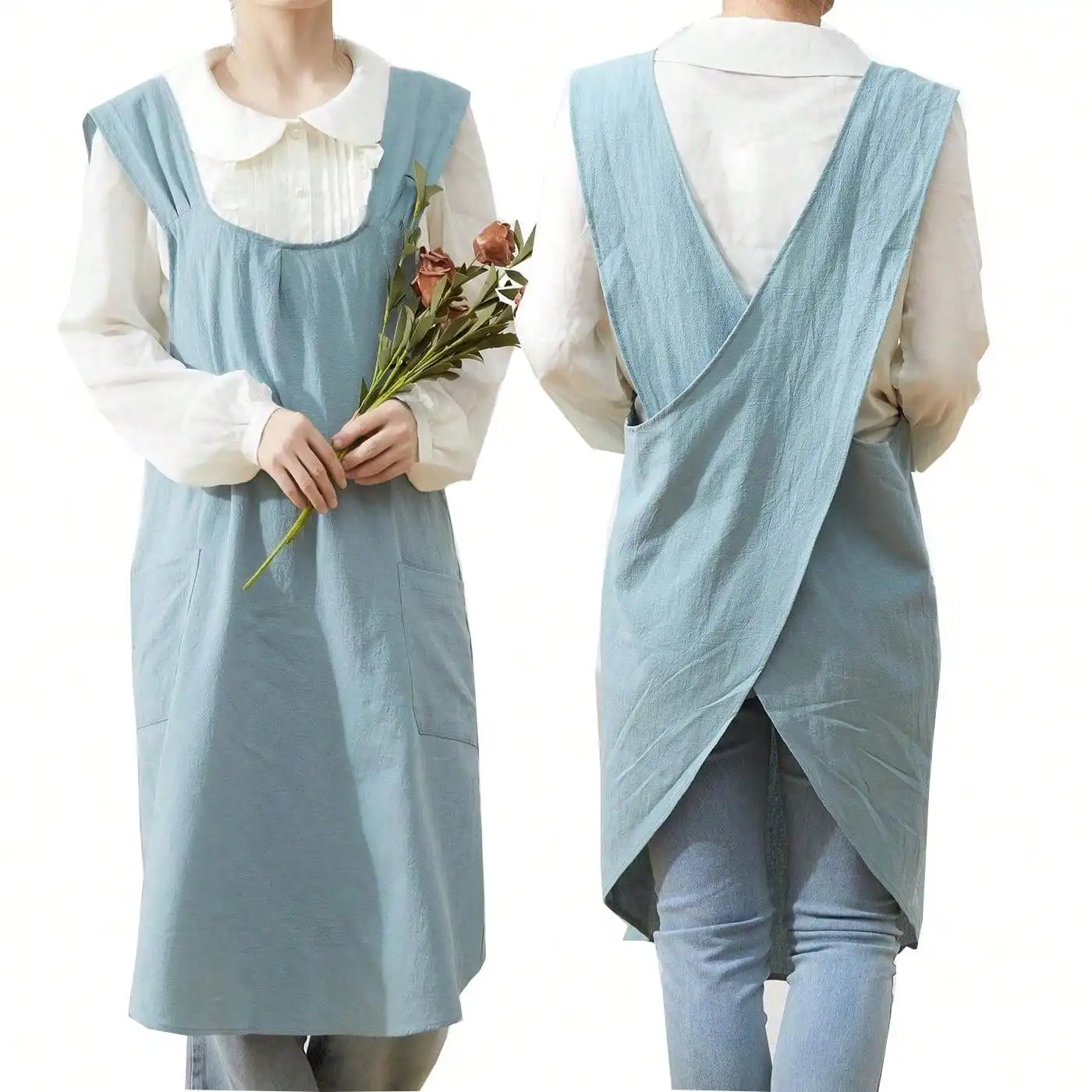Japanese Linen Cross Back Kitchen Cooking Aprons for Women with Pockets Cute for Baking Painting Gardening Cleaning Gray