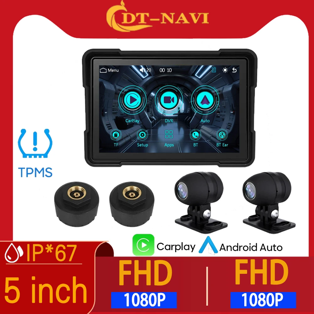 

DT - NAVI 5 inch Motorcycle Carplay Waterproof 1080P WiFi Wireless Android-Auto DVR Monitor Dash Cam GPS Navigation TPMS