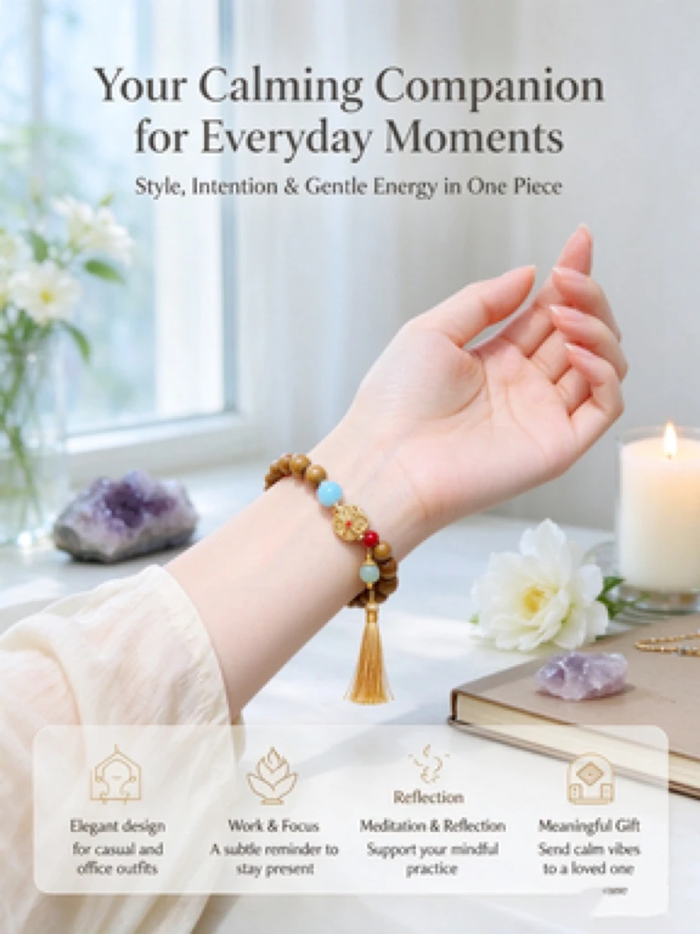 Mindful Oriental Wooden Beaded Bracelet, Hand Polished Golden Phoebe Nanmu Round Beads, Elastic Stretch Cord, Handmade Wristband with Good Fortune Energy, Unisex Casual Stack Bracelet, Christmas Gift