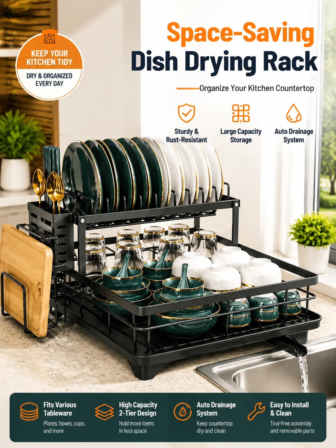 Stainless Steel 2 Tier Dish Drying Rack with Drainage