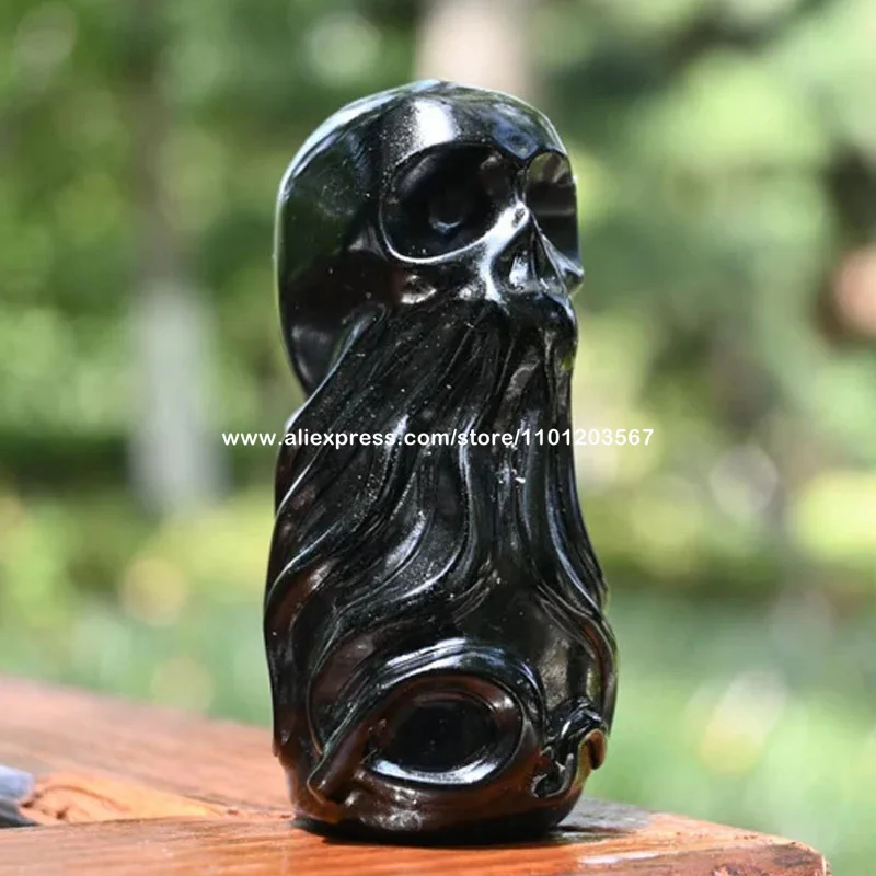 Black Obsidian Octopus Skull Art Carving Crystal Mineral Specimen Natural Stone Sea Creature Figurine Halloween Gift Home Decor