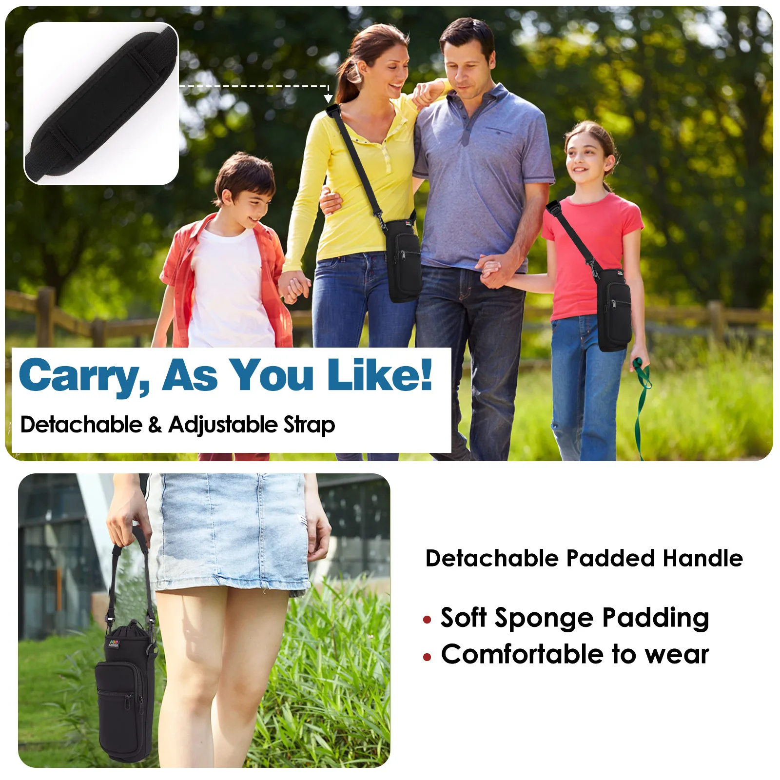 Nuovoware 25oz/32oz Water Bottle Carrier Bag,Adjustable Shoulder Hand Strap 2 Pocket Sling Water Bottle Accessories for Hiking