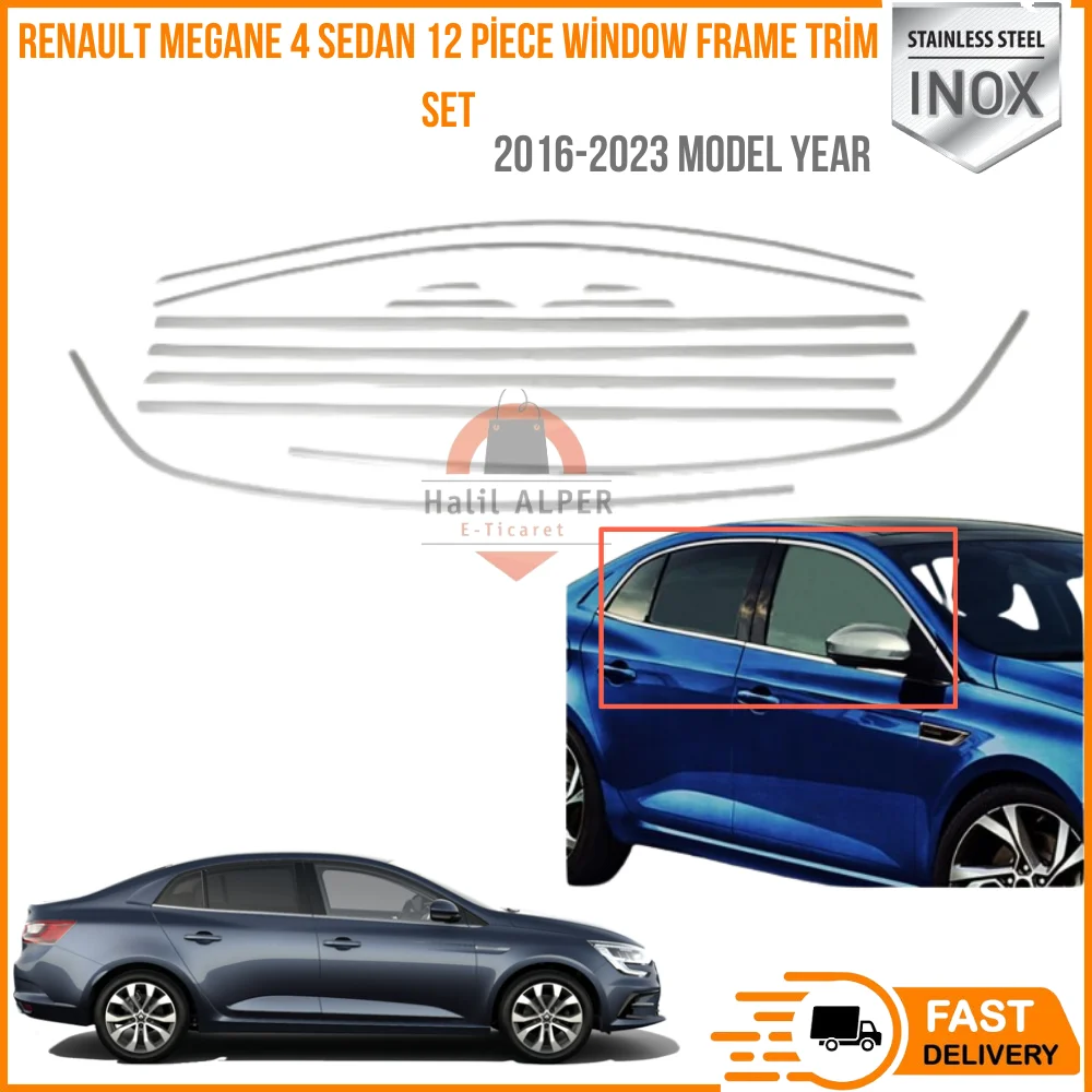 For Renault Megane 4 Sedan 12 Piece Stainless Chrome Window Frame Trim Set Durable Material 2016-2023 High Quality Satisfaction