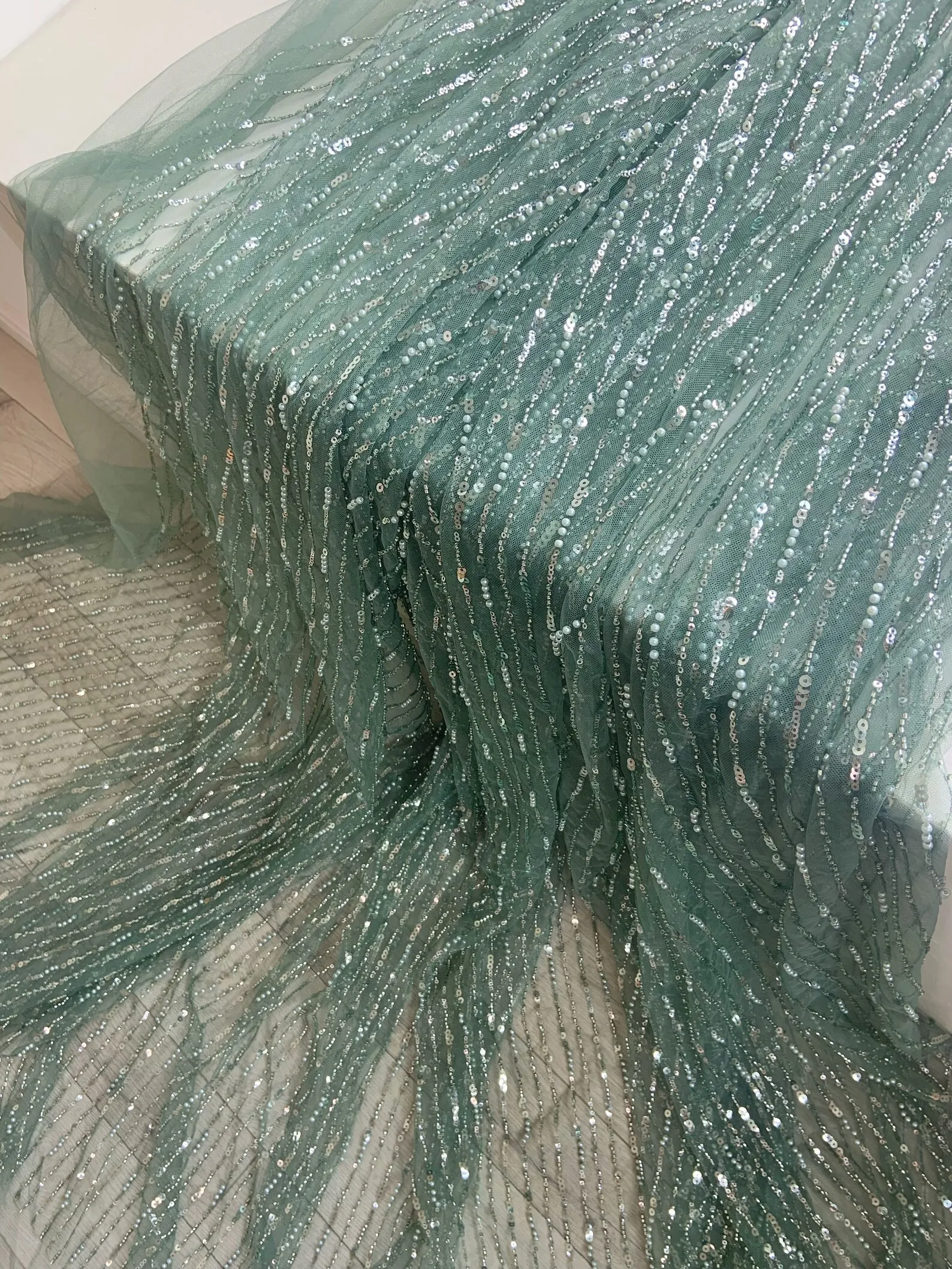 High Quality Heavy Dark Green Bead Lace Fabric For Nigerian Wedding Dress