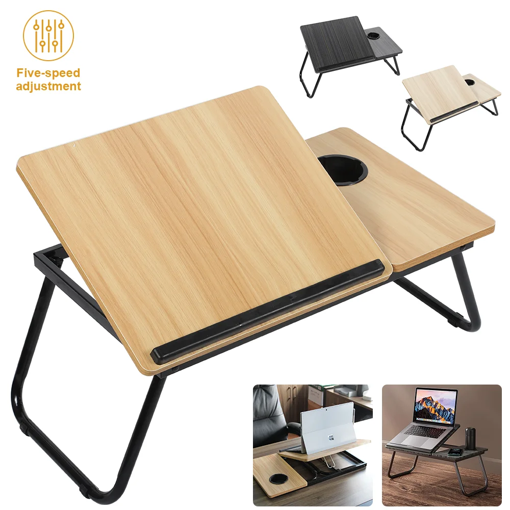 Adjustable Folding Laptop Desk | 5-Level Tilt, Cup Holder - Portable Computer Table for Reading, Studying & Breakfast In Bed