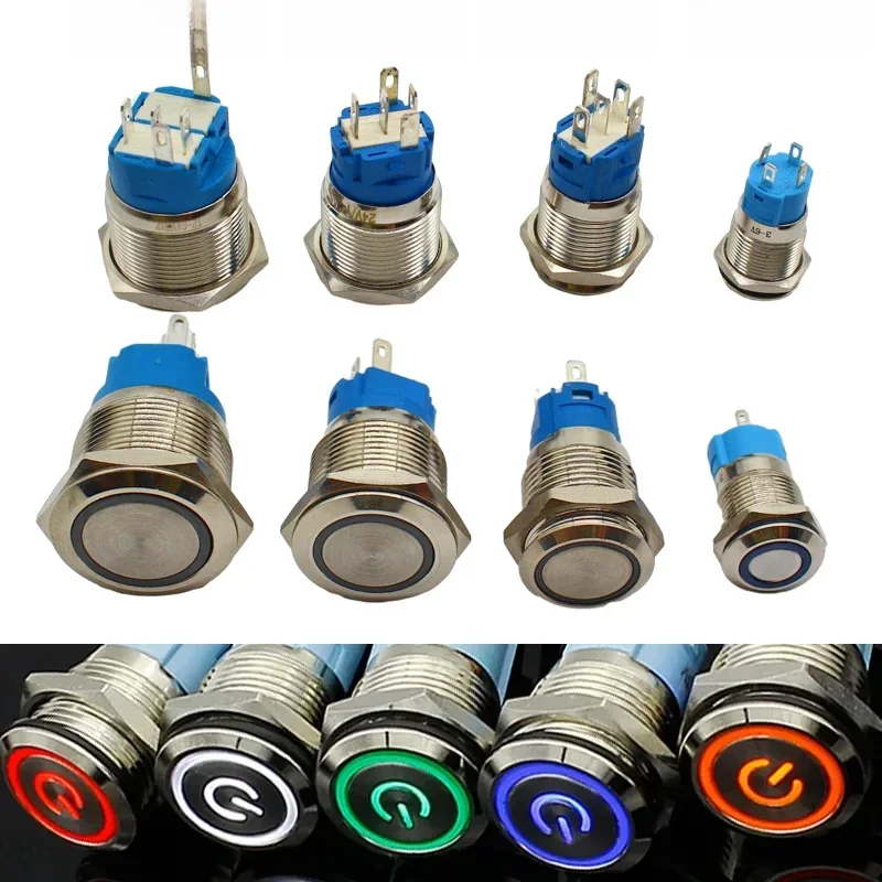 12/16/19/22mm Wasserdichte Metall Druckschalter LED Licht Momentary Rast Auto Motor Netzschalter 5V 12V 24V 220V Rot Blau