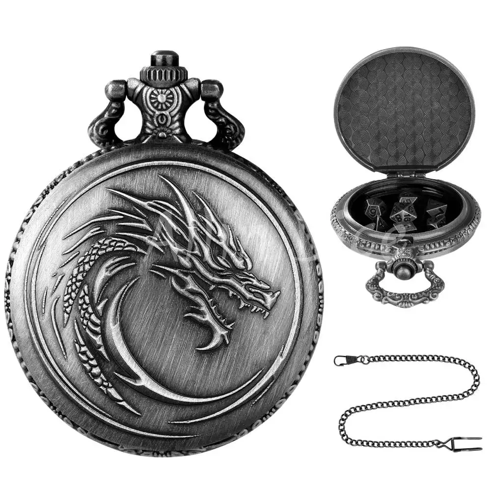 

Коробка для карманных часов с головой дракона DND Dices Корпус для карманных часов Металлические кости в стиле ретро Рельефный металлический корпус с кубиками дракона и поясной цепочкой 39 см