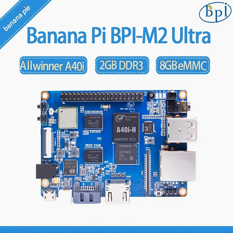 

Одноплатный компьютер Banana Pi BPI-M2 Ultra использует чип Allwinner A40i/R40/V40, с 2 ГБ ОЗУ и 8 ГБ eMMC на плате