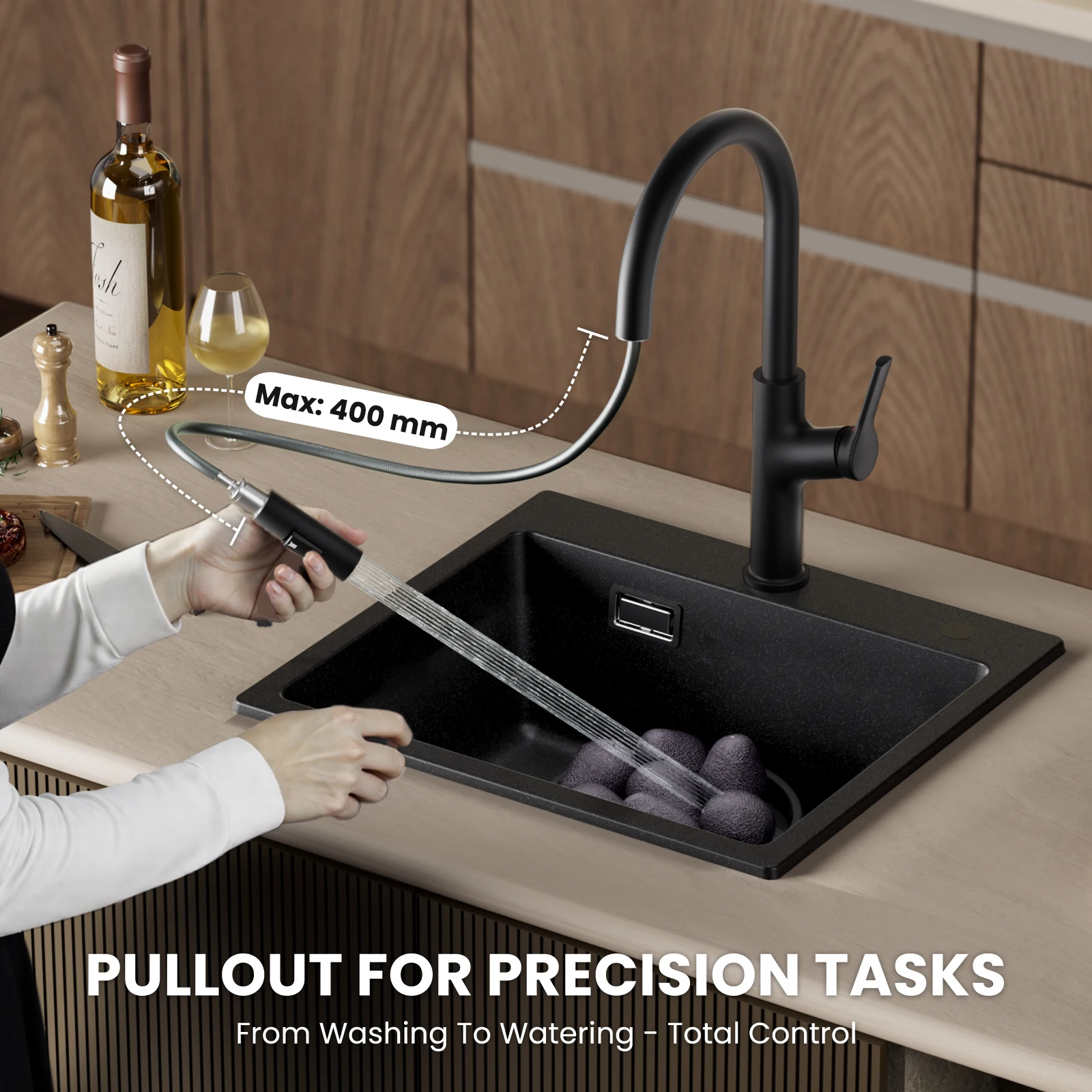 Mitigeur Cuisine Noir, Incline Ombrelle Extractible Robinet Cuisine Pivotant 360°, 2 Modes Jet Chaud et Froid Alliage de Zinc, G3/8 DVGW Monocommande, Mitigeur Evier Facile a Installer