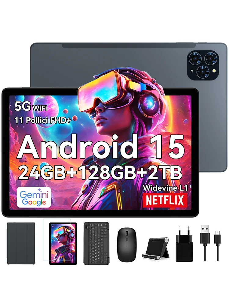 TABWEE T90 Android 15 Tablet met BT-toetsenbord, muis - Gemini AI, 24GB (8+16) RAM 128GB ROM, Octa Core T615, Gaming Tablet 11 inch - afbeelding 1
