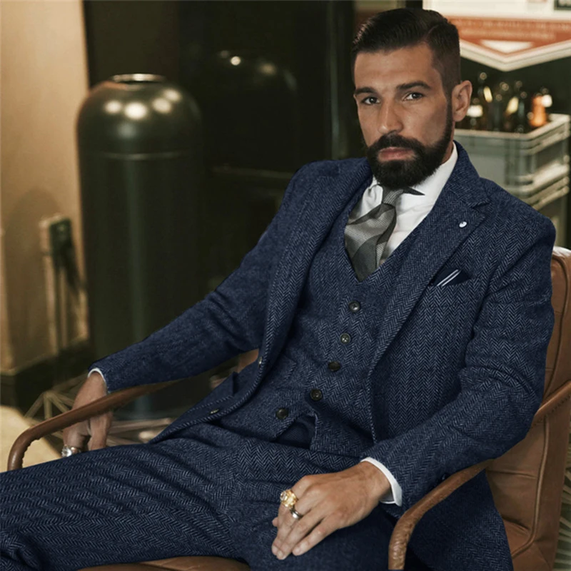 Abito invernale da uomo in tweed di lana grigia a spina di pesce slim fit smoking formale da sposo 3 pezzi abiti da sposa maschili (giacca + gilet + pantaloni)