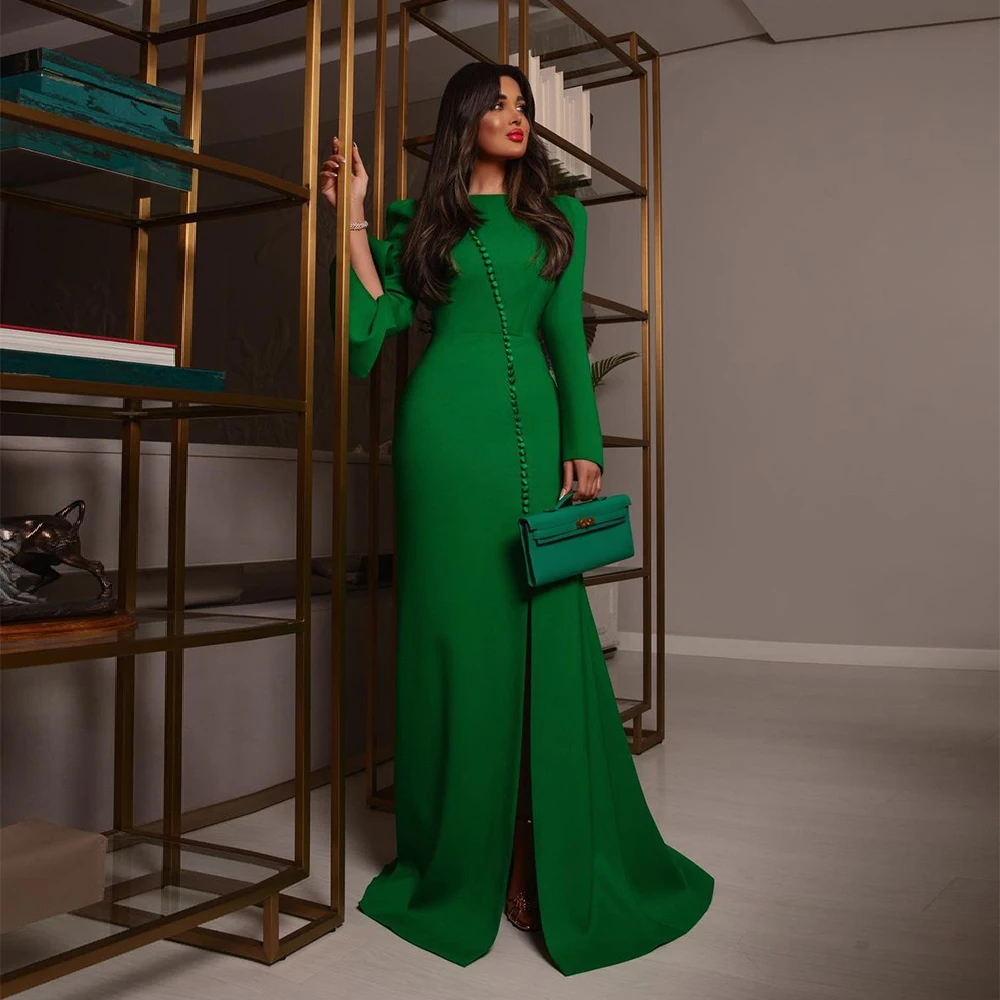 

Msikoods Green Mermaid Evening Dresses Formal Long Sleeves Women Saudi Arabia Party DressSpecial Occasion Arabic Slit Prom Gowns