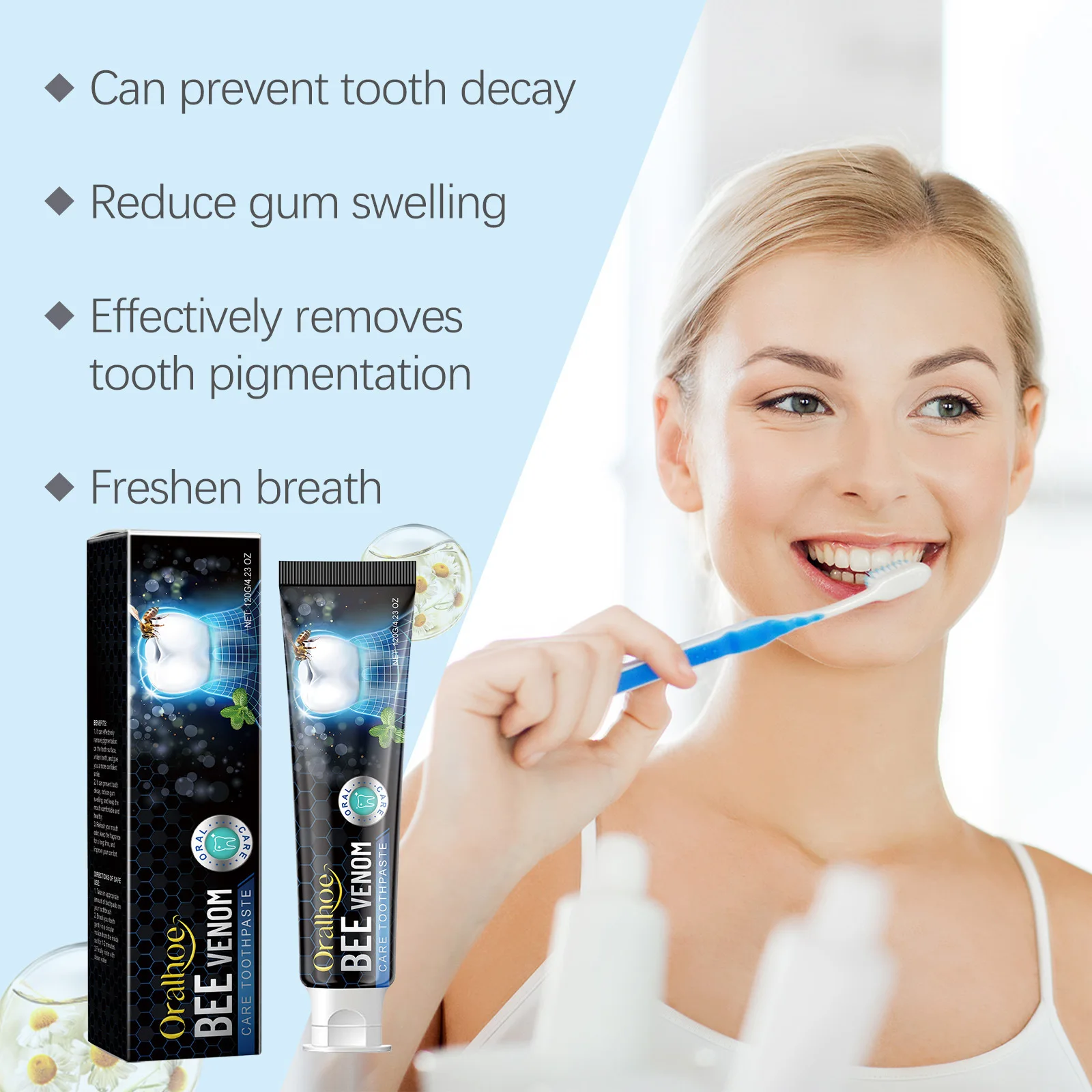 Oralhoe 120g Bee Venom Whitening Toothpaste Stains Plaque Removal Fresh Breath Repair Gum Oral Clean Brighten Dental Toothpaste