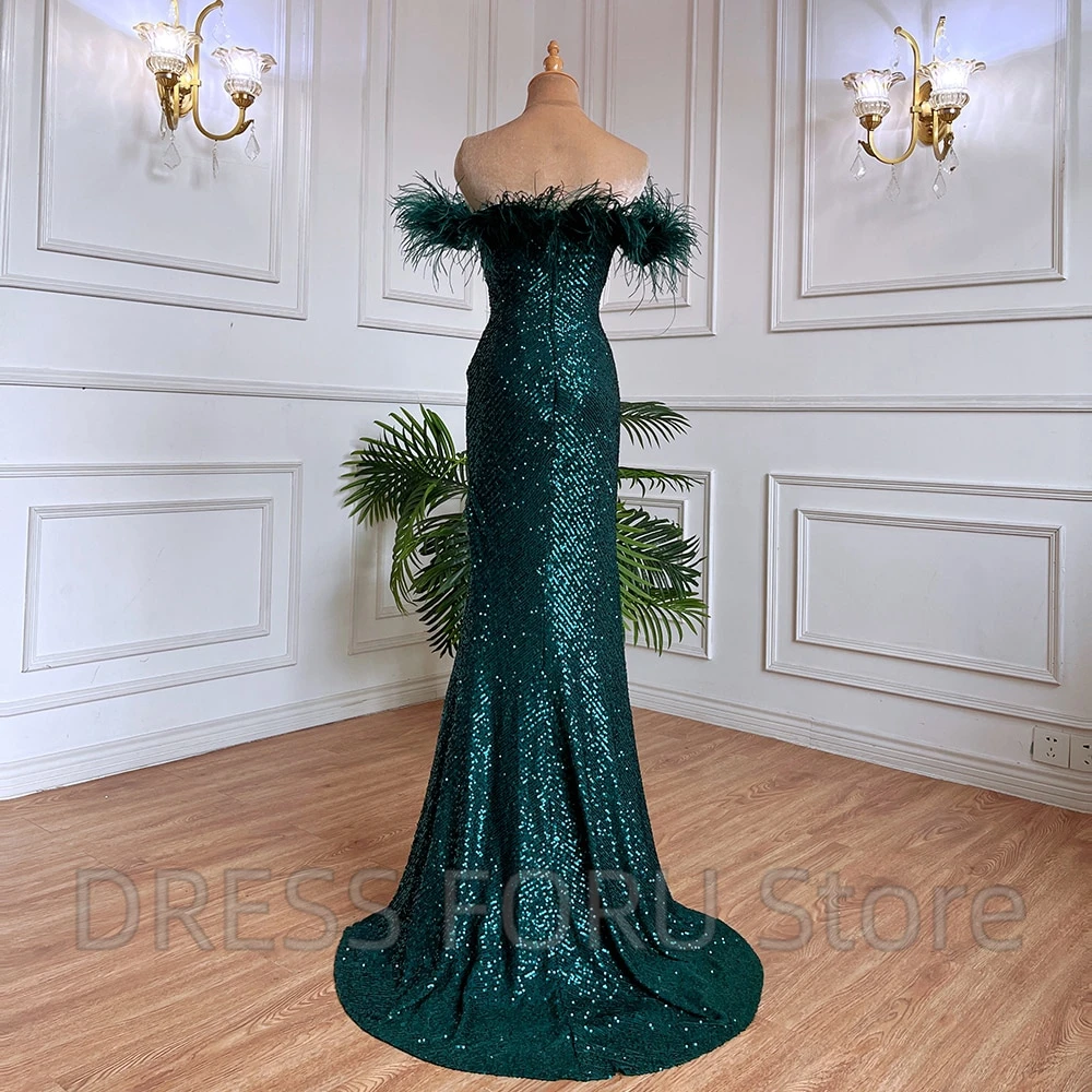 Modern Sequins Floor Length Evening Dress Elegant Boat Neck with Feathers Short Sleeve Open Back and Side Slit Banquet Gowns