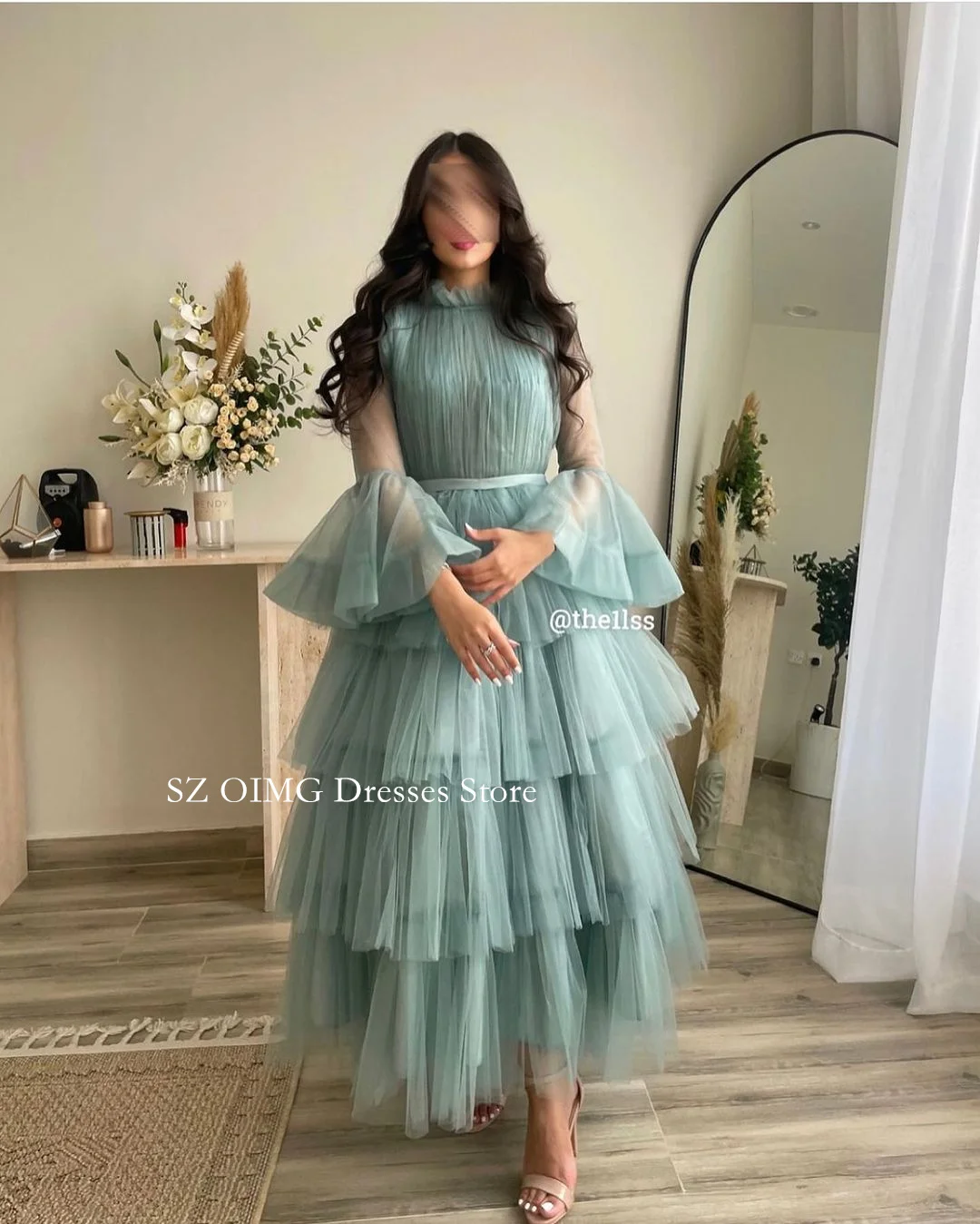 

OIMG Dubai Mordern High Neck Long Sleeves Tiered Prom Dresses Evening Dress Tulle Green Women Evening Gowns Formal Party Dress