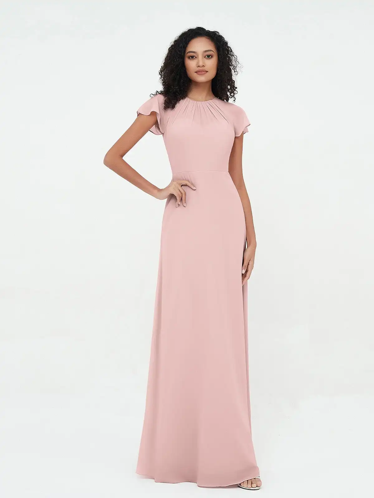 

Illusion Neckline Chiffon Bridesmaid Dress With Cap Sleeves A-line Wedding Cocktail Dresses Pleated Floor-length Evening Gowns