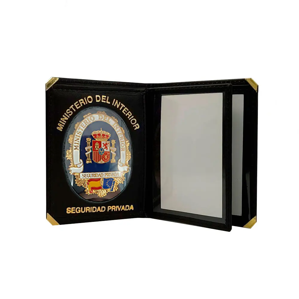 Wallet holder security plate private blue background, badge included, wallet top quality Ubrique leather handout.