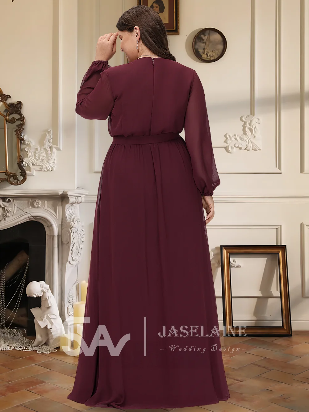 ブライドメイドドレス Aライン Vネック フロアレングス シフォン 長袖 リボン プリーツドレス ウェディングパーティー イブニングゲスト カクテル フォーマル