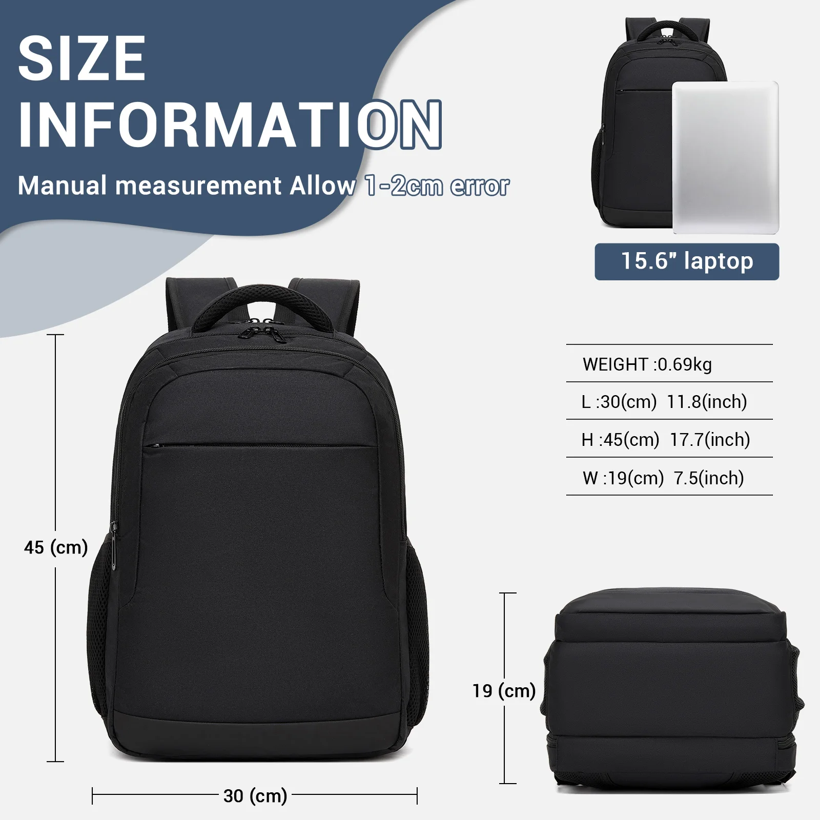 KONO Sac à dos ergonomique et respirant pour ordinateur portable en polyester, polyvalent pour l'école, le travail et les activités de plein air, dimensions 30x45x19 cm