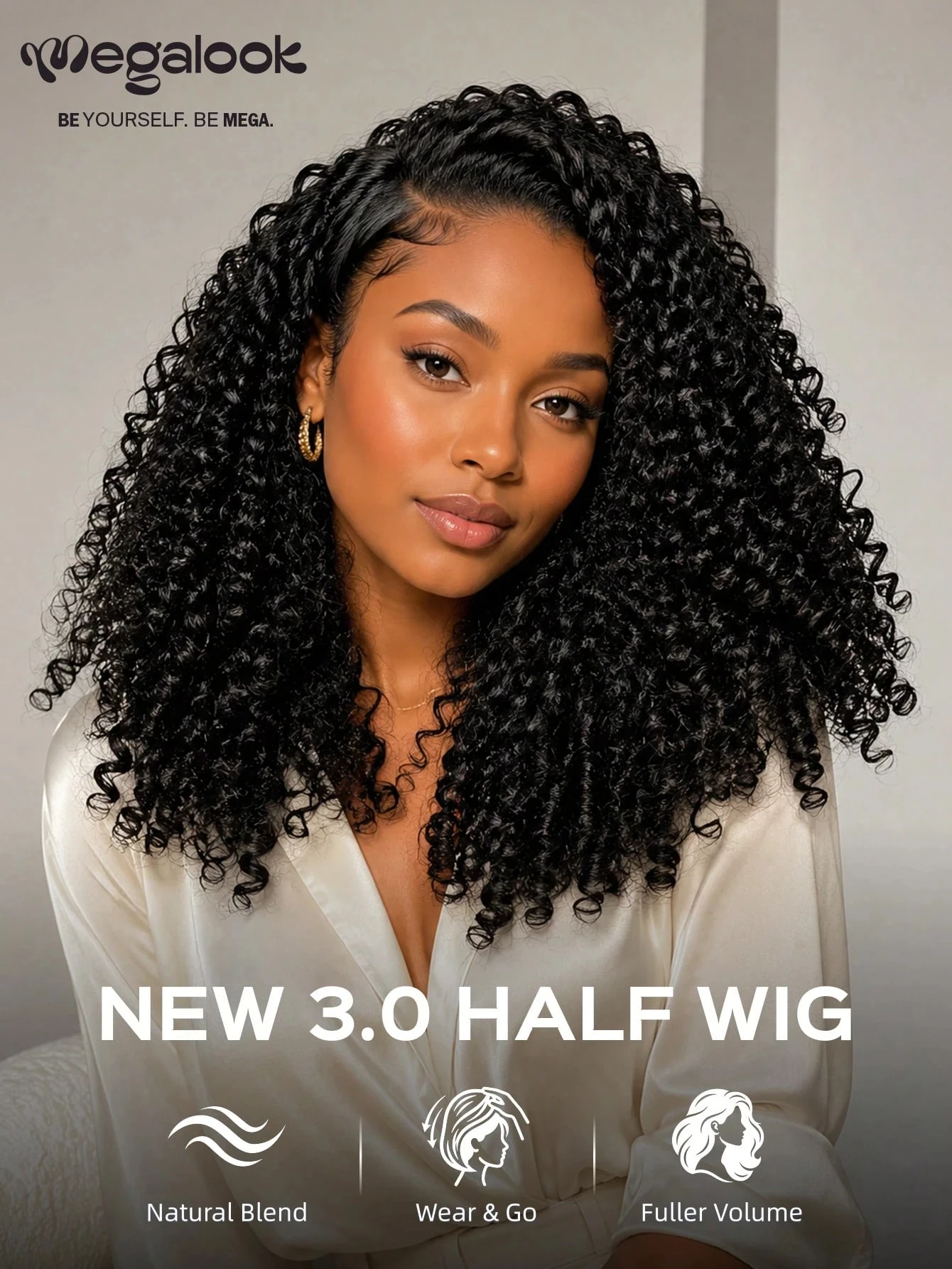 MEGALOOK Half Wig Burmese Curly Wigs 100% Human Hair Spiral Curly Ends 3 In 1 Seamless Flip Over Wigs Human Hair With Drawstring Beginner Friendly Machine Wig