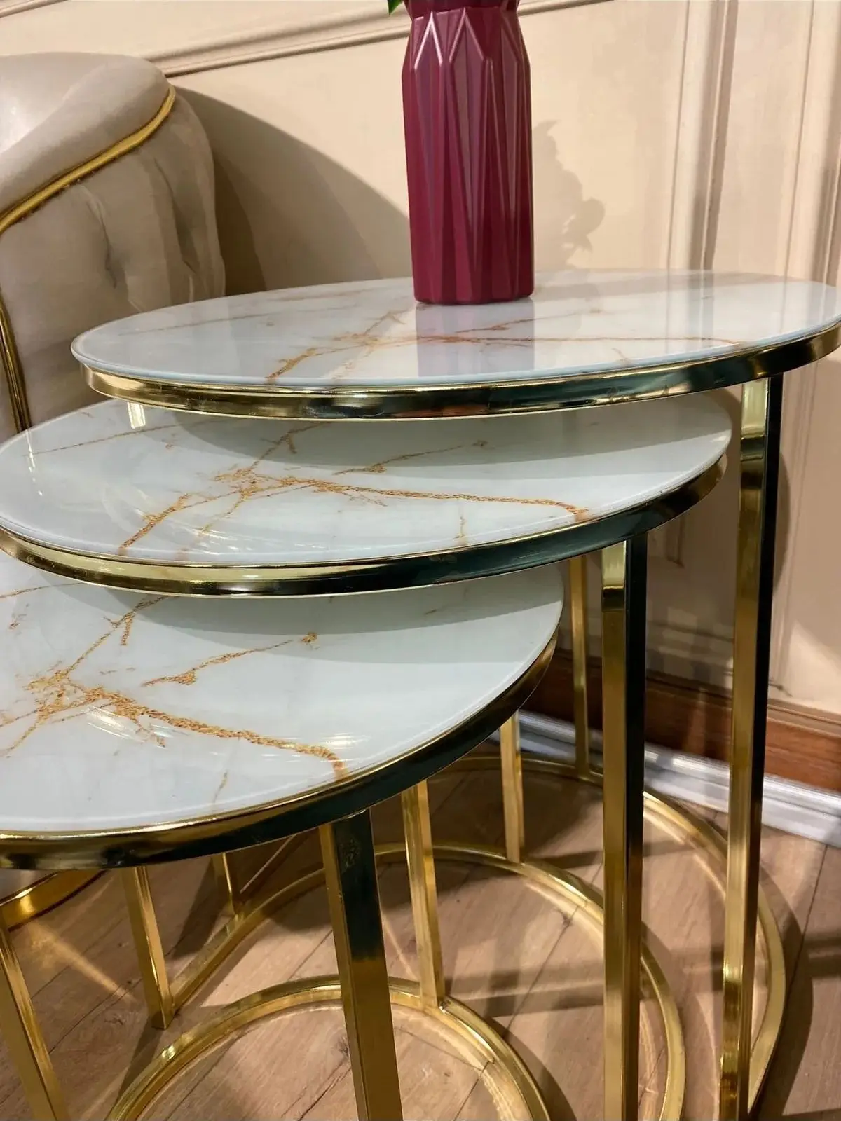 Decorative Set of 3 Nesting Table Set Gold Marble Black Unbreakable Tempered Glass Nordic Luxury Coffee Tables 3Pcs Living Room