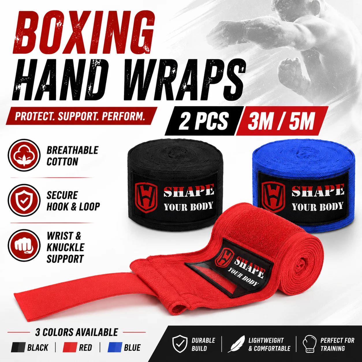 2PCS Vendas de Boxeo Transpirables de Algodón de 3M 5M para Muay Thai, MMA, Kickboxing, Soporte de Muñeca, Entrenamiento, Equipo de Boxeo para Hombres y Mujeres