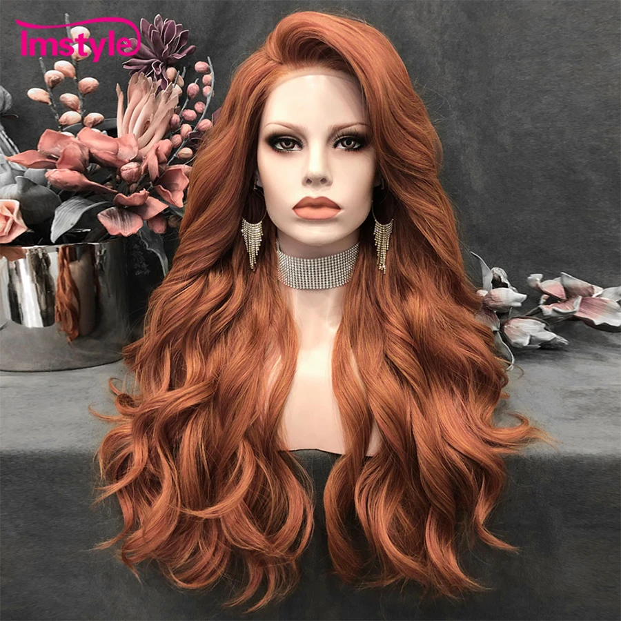 Imstyle-Perruque Lace Front Synthétique Longue pour Femme, Perruques Wavy Naturelles, Perruques Csplay, Documents Mixtes Cuivre, Degré de Chaleur,