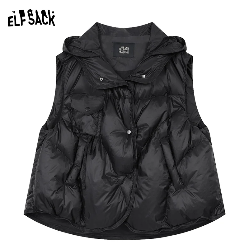 ELFSACK 2024 Winter New Arrivals Black Fashion Casual Versatile Hooded Down Vest Women