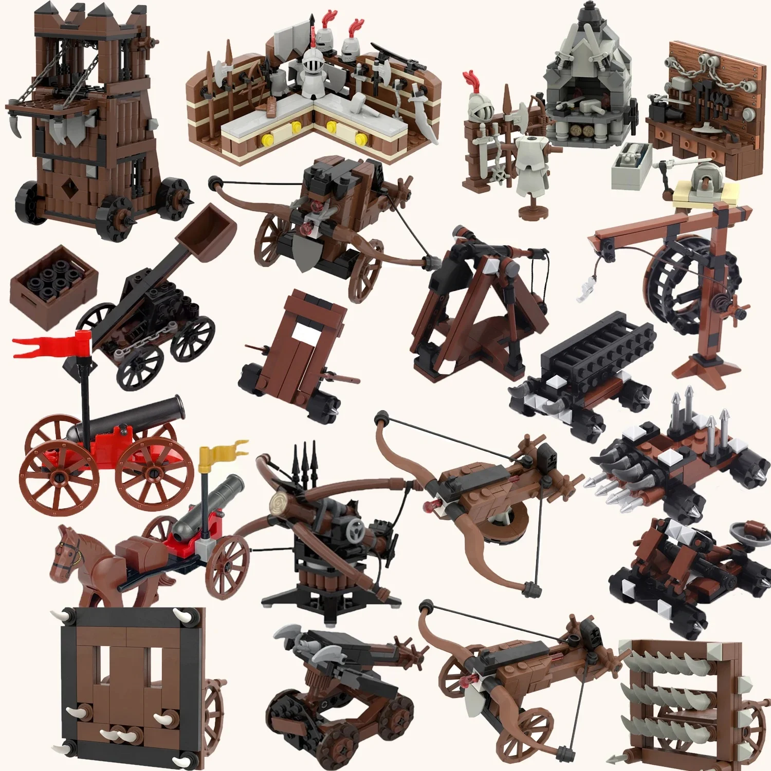 Blocs de construction MOC : Armes de siège médiévales pour château – Canon, char d'assaut, catapulte, arbalète – Jouets à assembler