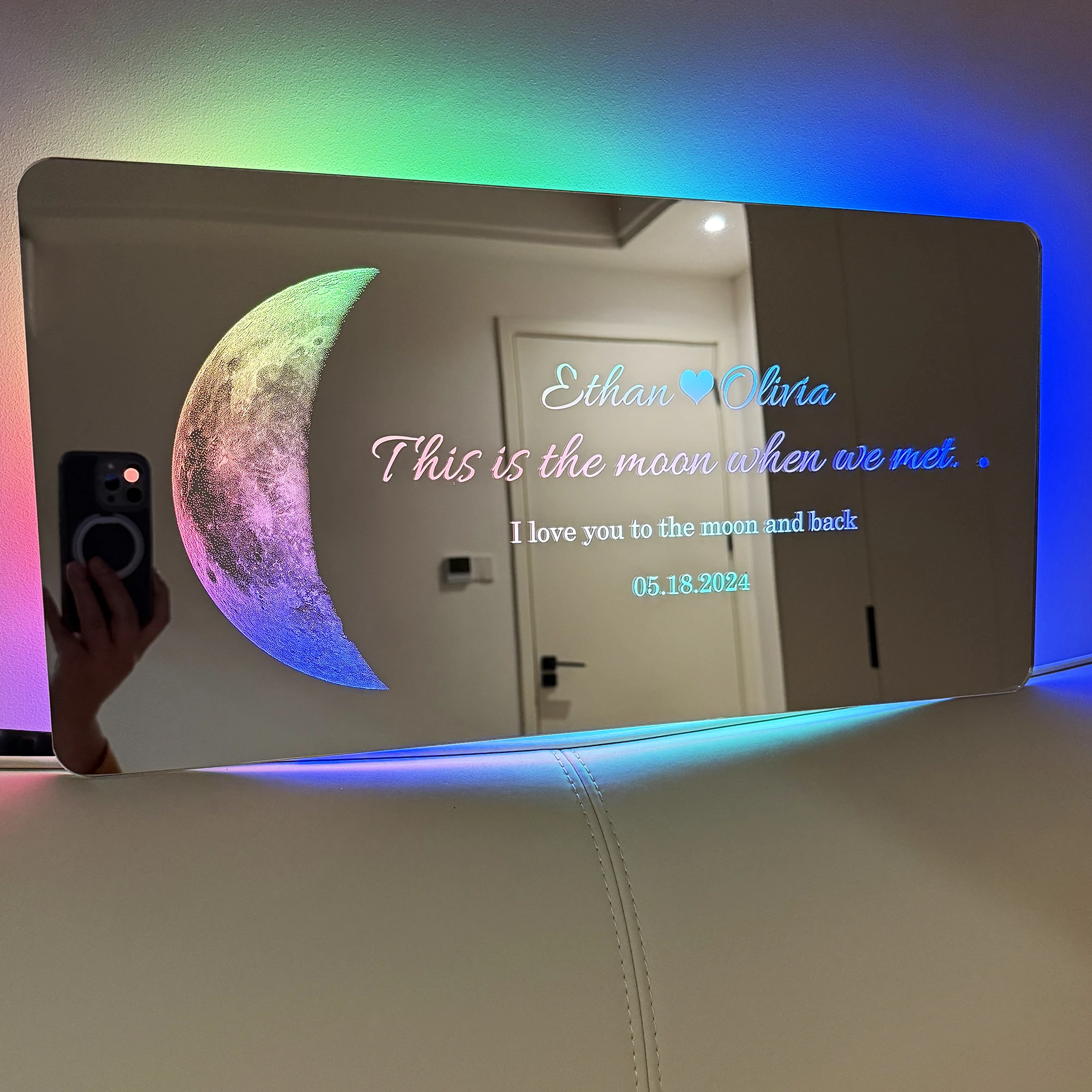 مرآة LED مخصصة لمرحلة القمر للزوجين - تاريخ وأسماء الذكرى السنوية المخصصة، ديكور غرفة نوم مثبت على الحائط لعيد الحب/الزفاف #2