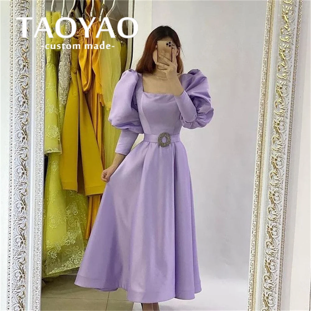 

Charming Purple Prom Dress A-Line Sexy Backless Graceful Square Collar Evening Gown Puff Sleeve Belted Gorgeous Vestidos De Gala