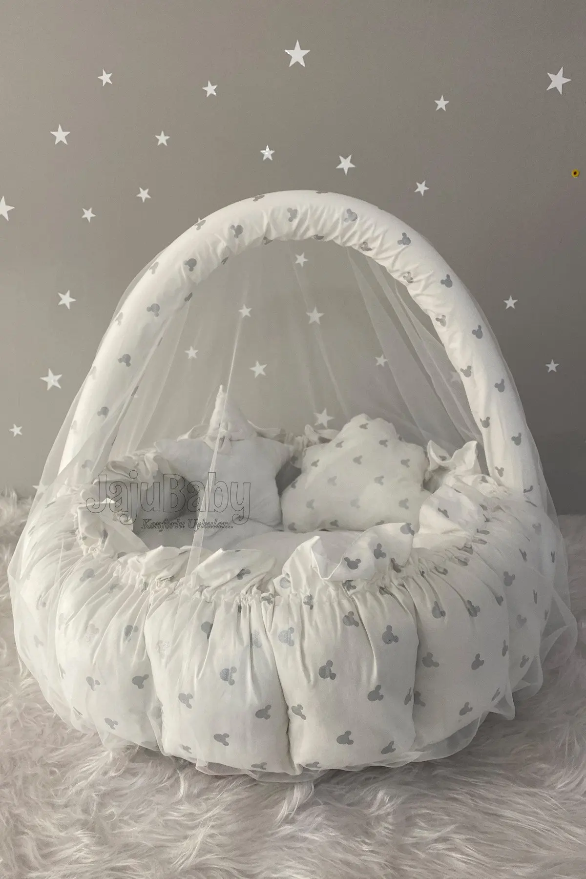 Handmade Cute Gray Mouse Openable - Collapsible Game Mat with Mosquito Net Apparatus Babynest