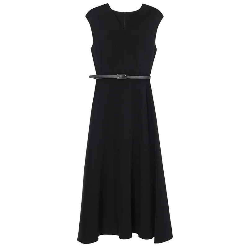 Preto moda elegante vestido 2022 novo verão feminino hepburn estilo sem mangas e cinto longo v-neck a-line vestido