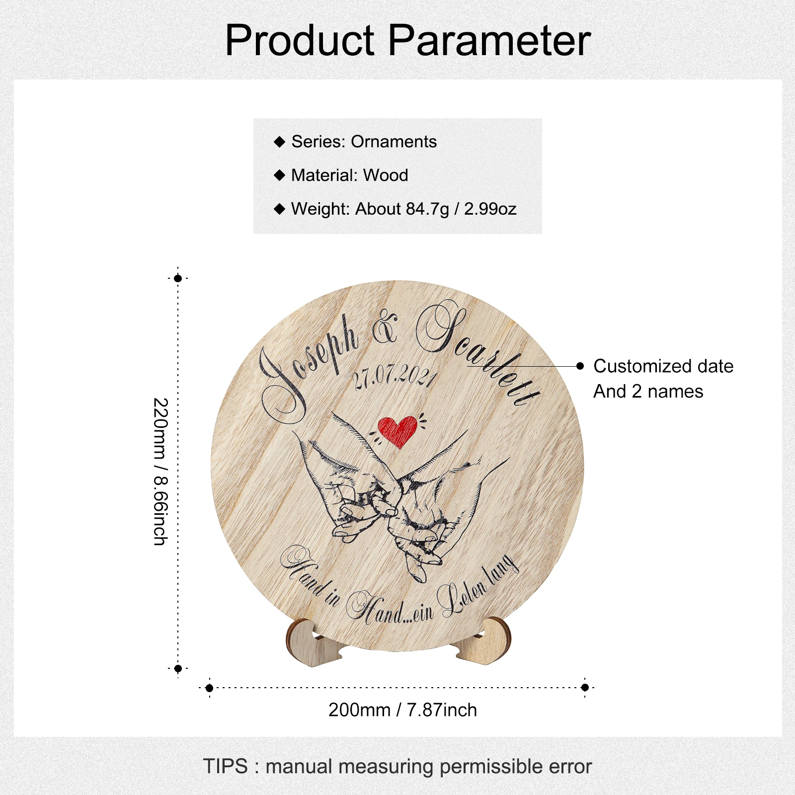 Holzscheibe Aus Holz personnalisé avec gravure de 20cm, nom Datum Paar main dans la main avec cœur de Rotem, décorations d'anniversaire et de mariage