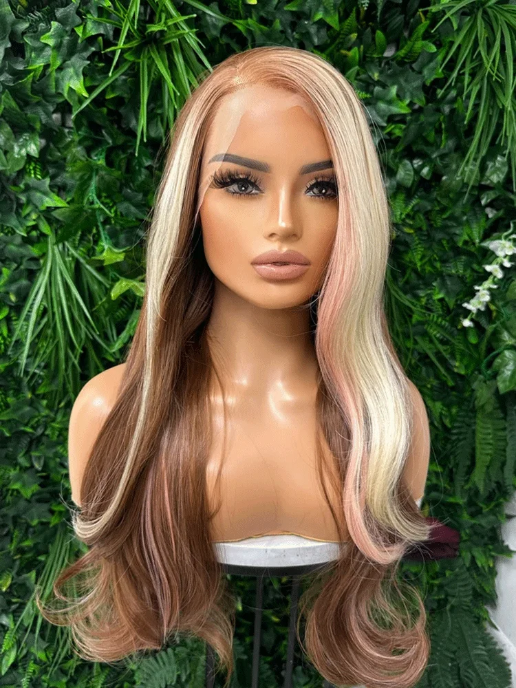 Long Layered Straight Copper Brown Blonde Pink Mix Face Framing Highlight Skunk Strip Synthetic Lace Front Wig