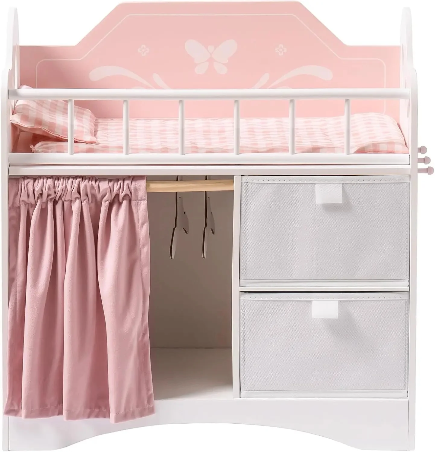Robotime Babypuppenbett, Holzspielzeug, Babybett mit Aufbewahrungsbettwäsche, Holzhaken, Puppenbett, passend für Puppen bis zu 21 Zoll, für Mädchen ab 3 Jahren, Rosa