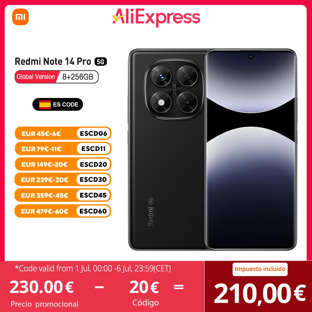 Xiaomi Redmi Note 14 Pro 5G Versión Global 256GB/512GB MTK Dimensity 7300-Ultra Pantalla AMOLED 6,67" 120Hz, Cámara principal 200MP OIS, IP68, NFC, Sin Cargador